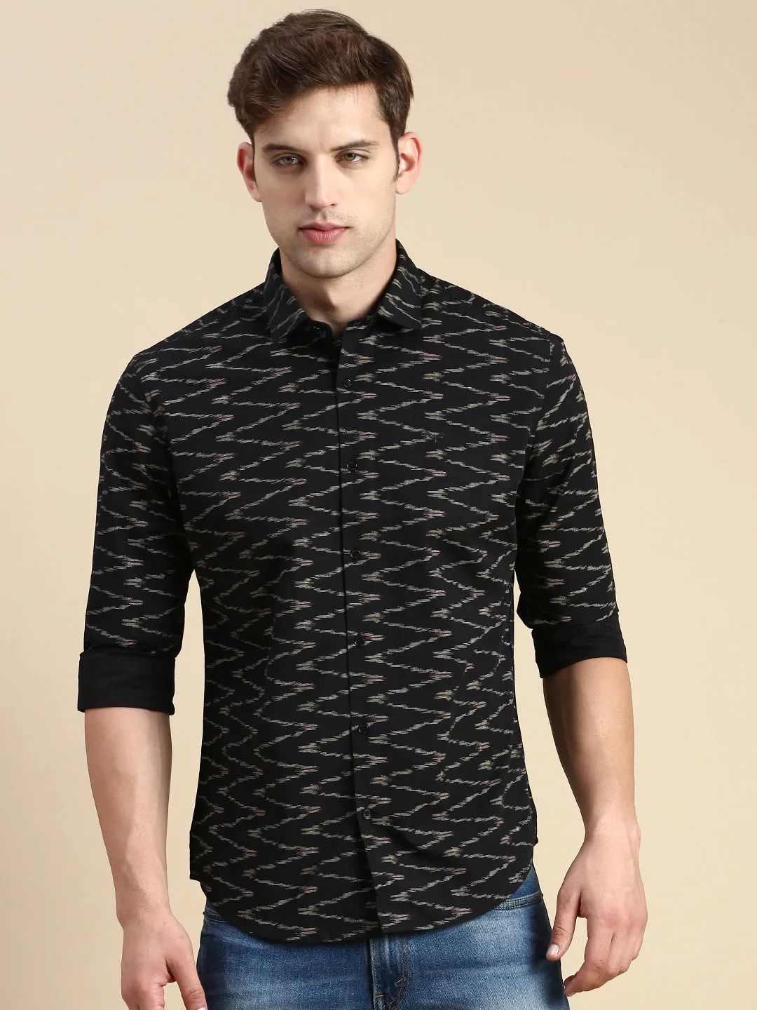 Men Black Comfort Slim Fit Abstract Printed Cotton Casual Shirt