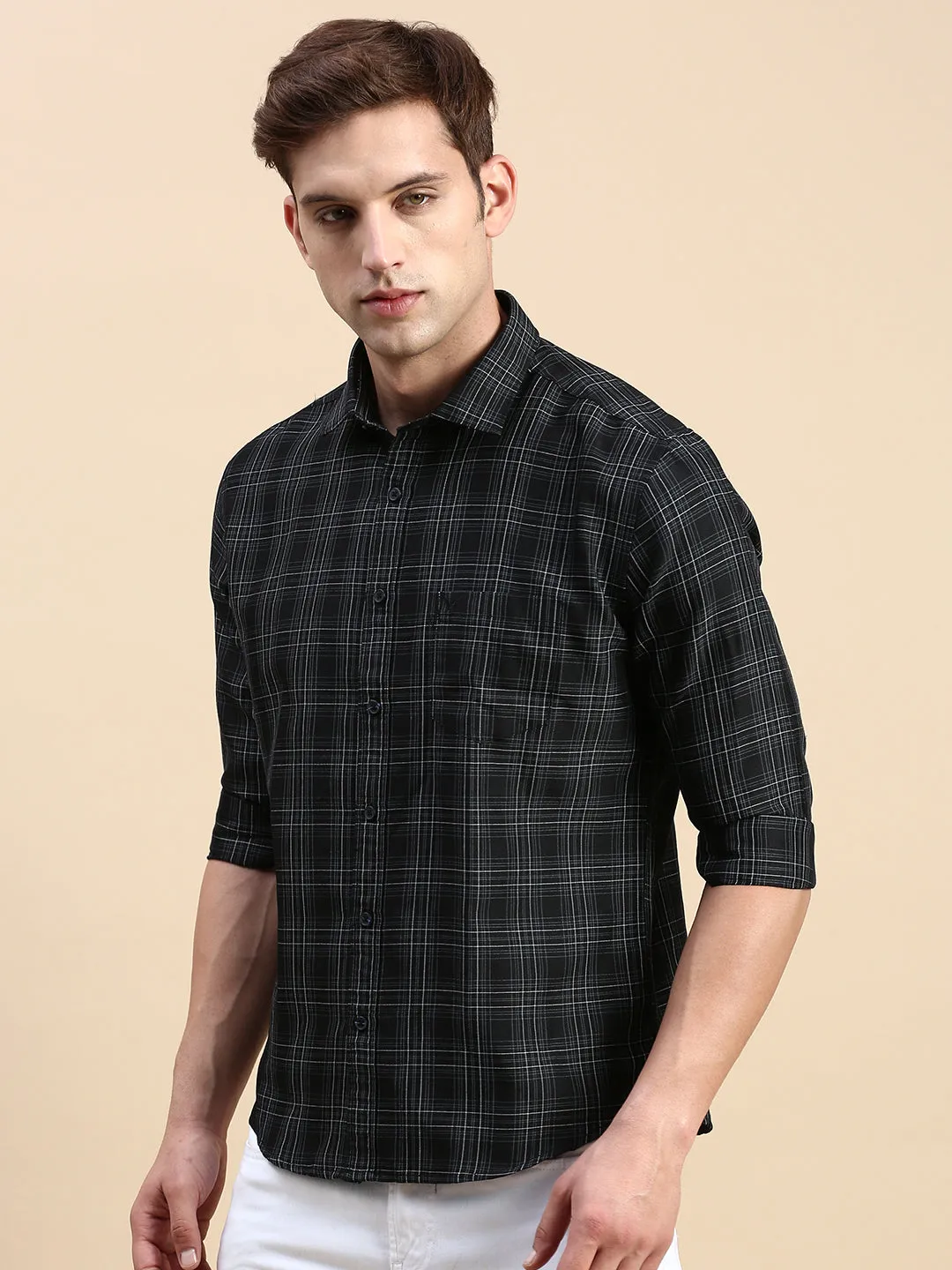 Men Black Comfort Slim Fit Tartan Check Cotton Casual Shirt