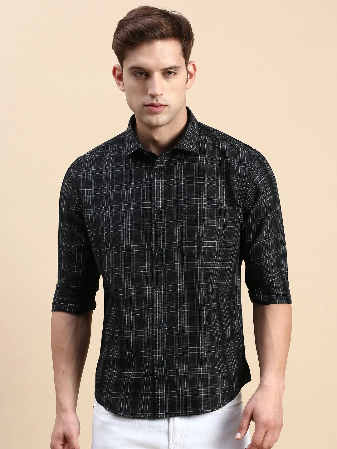 Men Black Comfort Slim Fit Tartan Check Cotton Casual Shirt