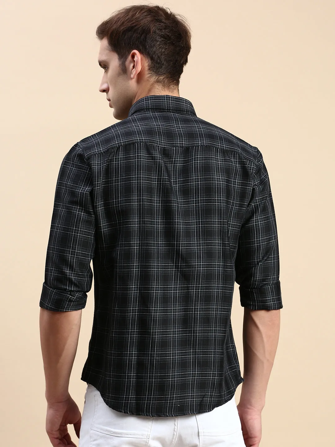 Men Black Comfort Slim Fit Tartan Check Cotton Casual Shirt
