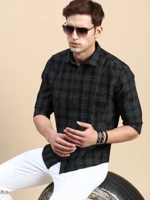 Men Black Comfort Slim Fit Tartan Check Cotton Casual Shirt