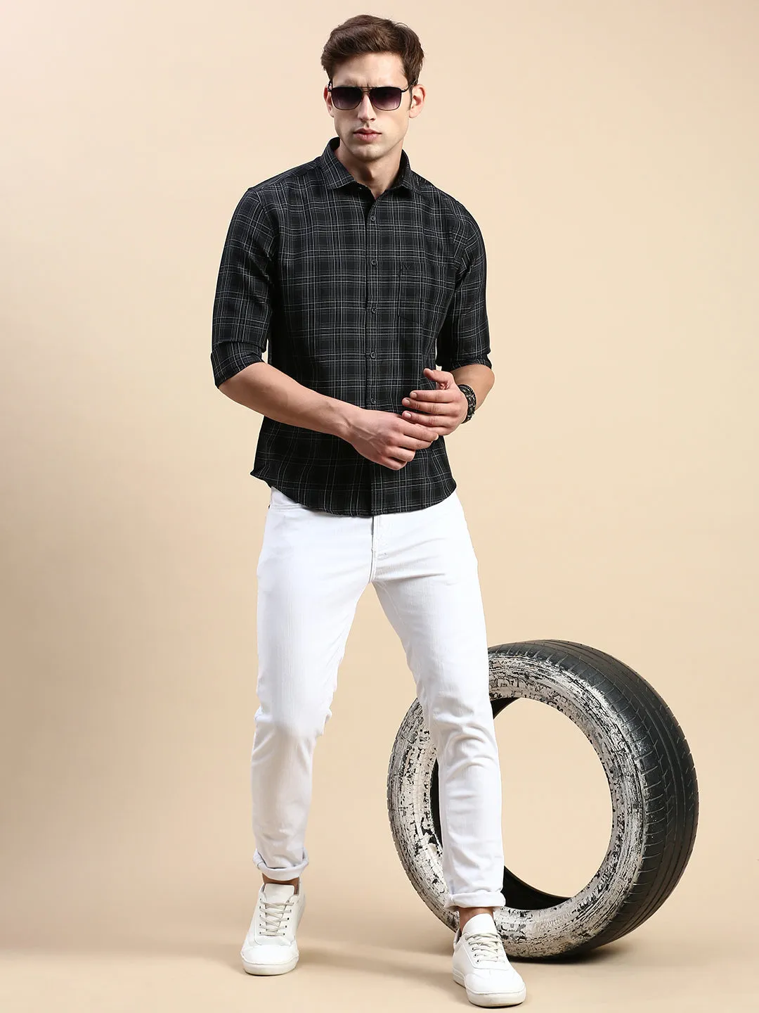 Men Black Comfort Slim Fit Tartan Check Cotton Casual Shirt