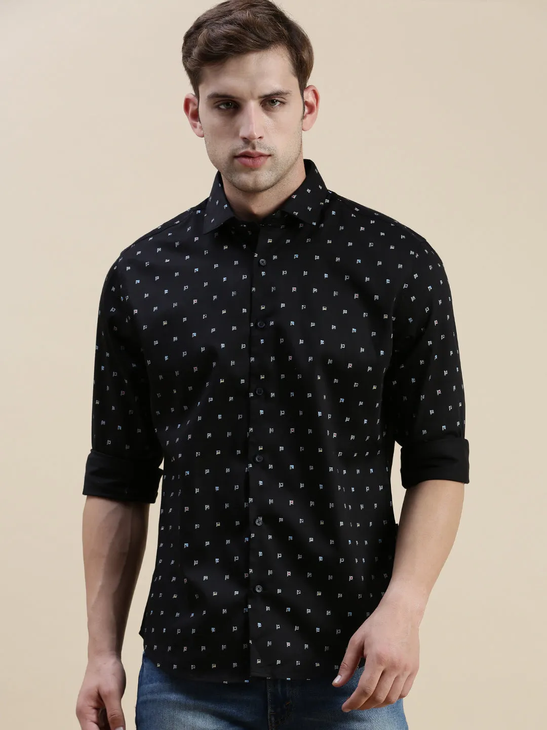 Men Black Standard Slim Fit Micro Ditsy Printed Spread Collar Cotton Casual Shirt
