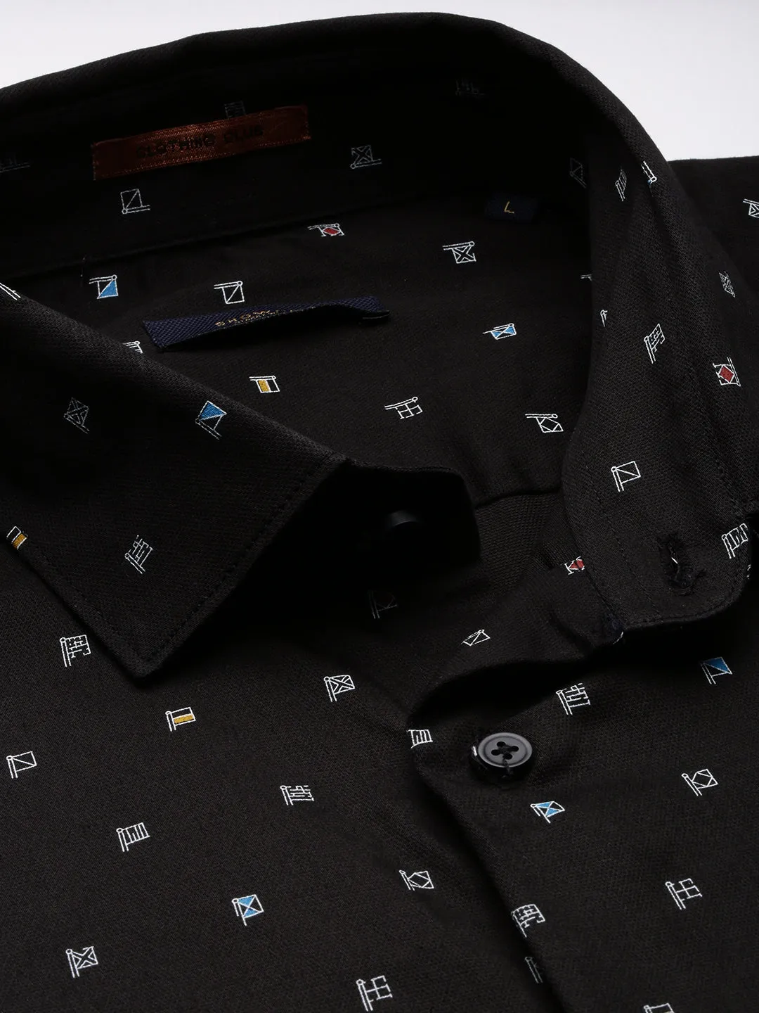 Men Black Standard Slim Fit Micro Ditsy Printed Spread Collar Cotton Casual Shirt
