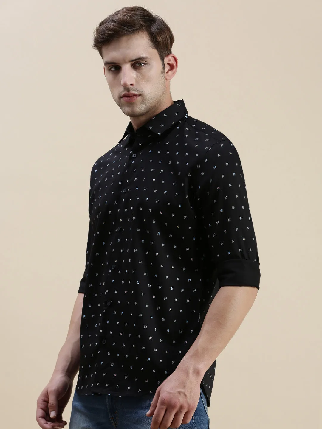 Men Black Standard Slim Fit Micro Ditsy Printed Spread Collar Cotton Casual Shirt