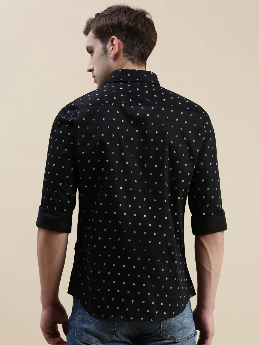 Men Black Standard Slim Fit Micro Ditsy Printed Spread Collar Cotton Casual Shirt