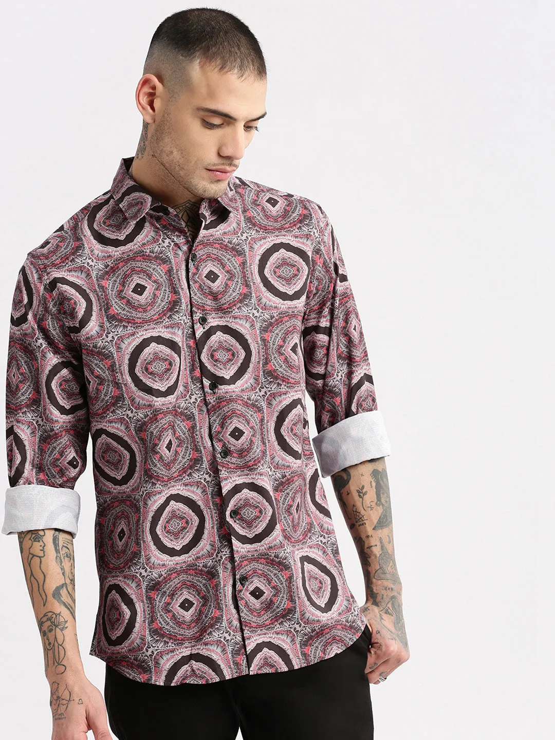 Men Black Standard Spread Collar Slim Fit Opaque Printed Casual Shirt