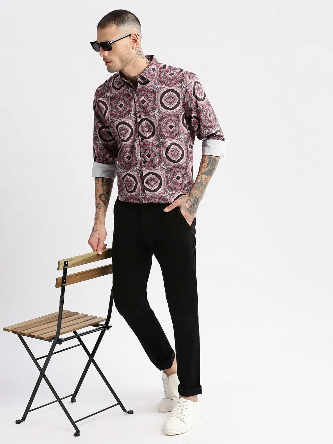 Men Black Standard Spread Collar Slim Fit Opaque Printed Casual Shirt