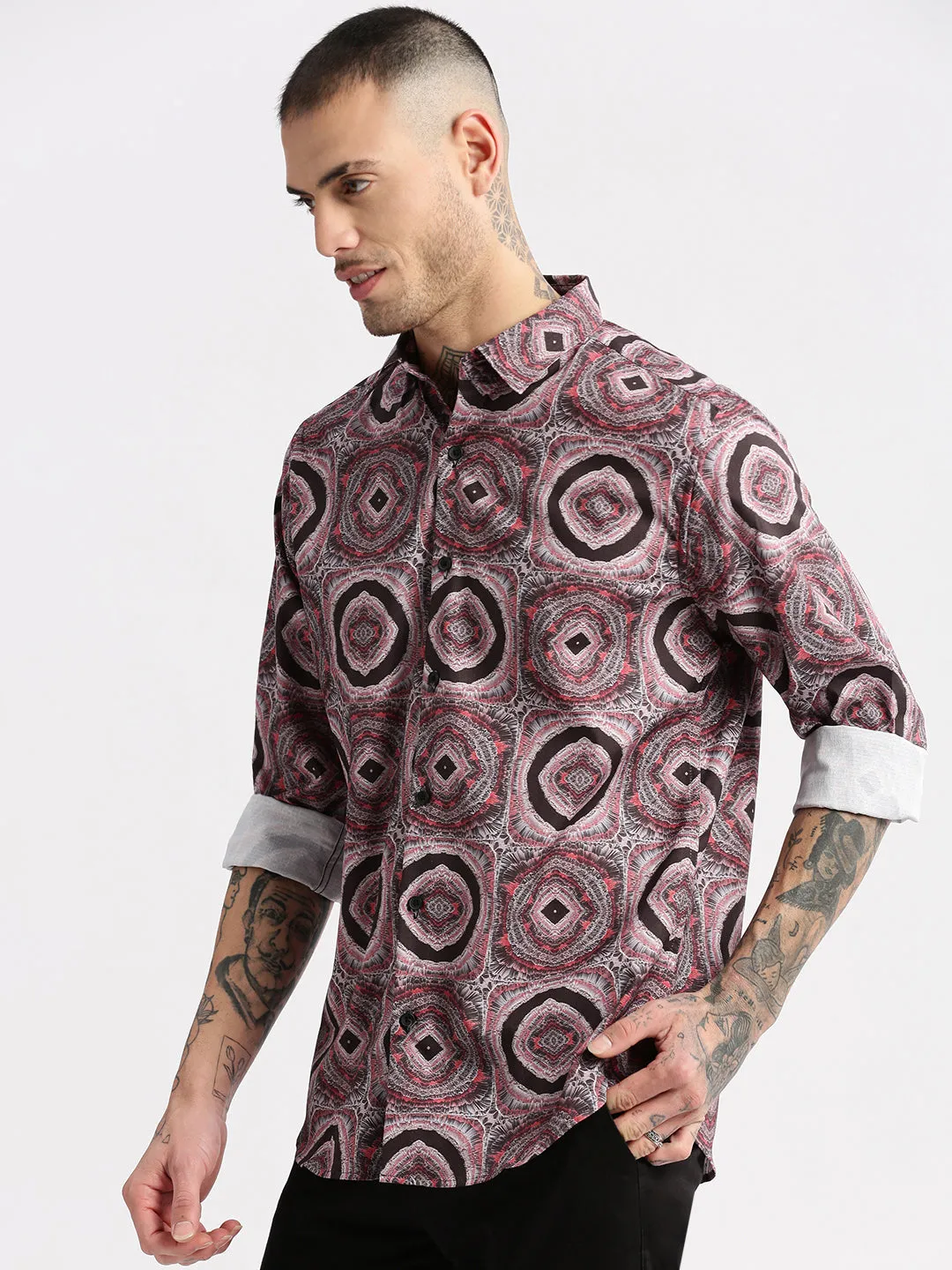 Men Black Standard Spread Collar Slim Fit Opaque Printed Casual Shirt