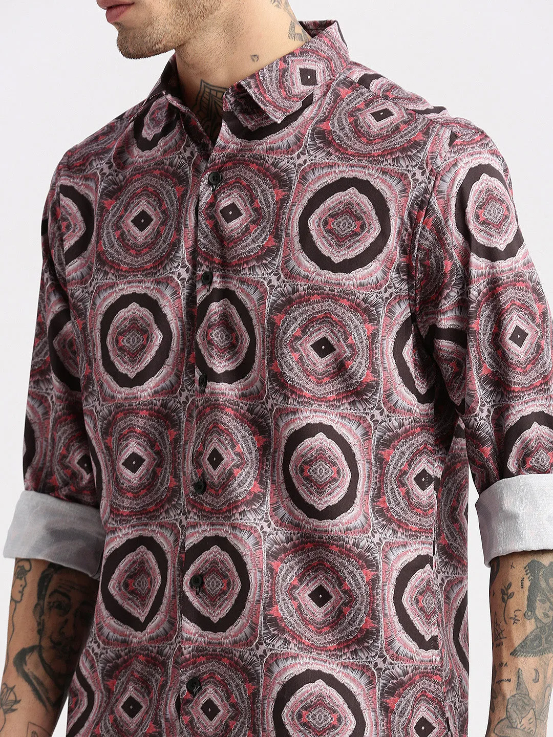Men Black Standard Spread Collar Slim Fit Opaque Printed Casual Shirt