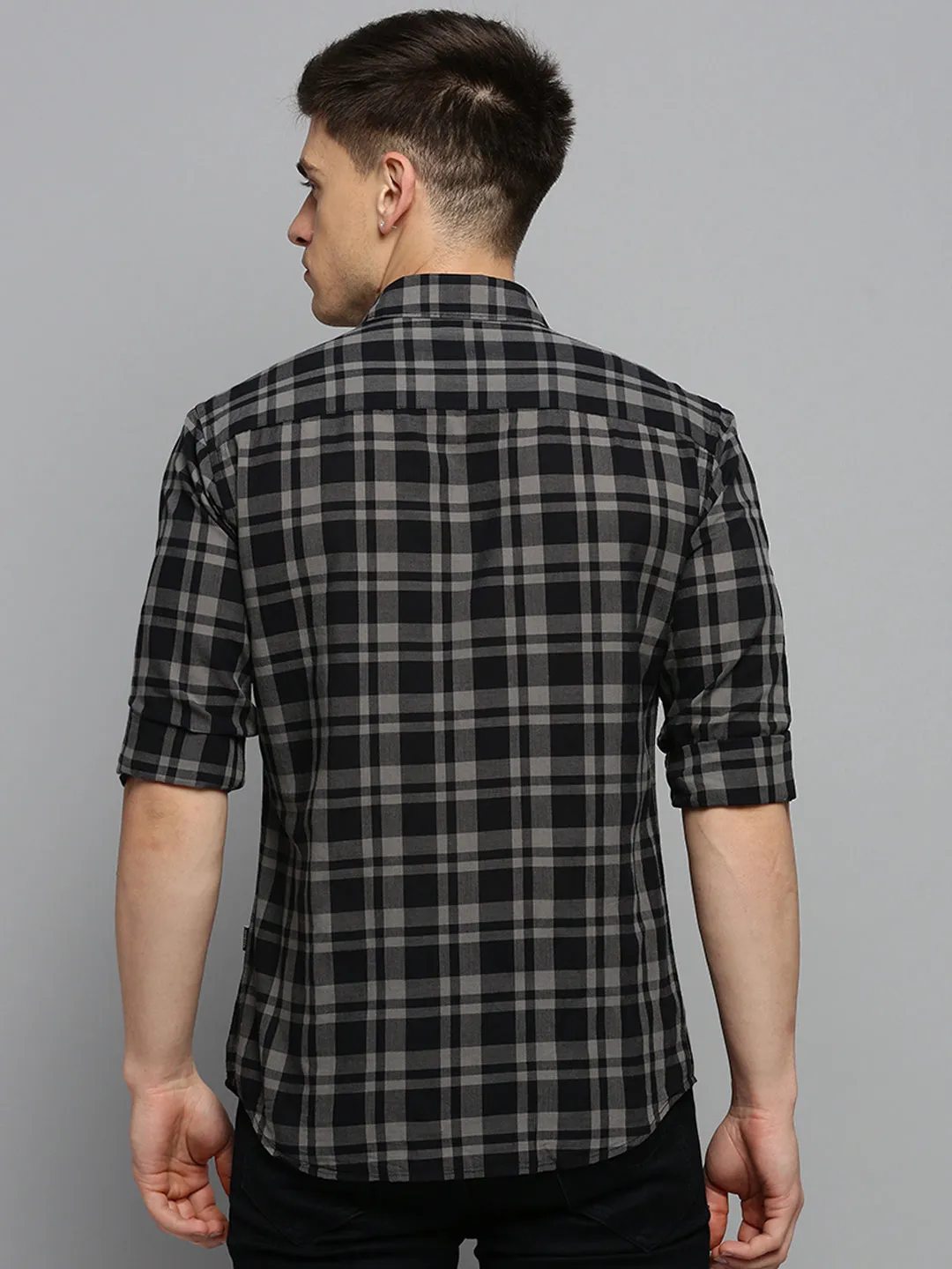 Men Black Tartan Checks Cotton Casual Shirt