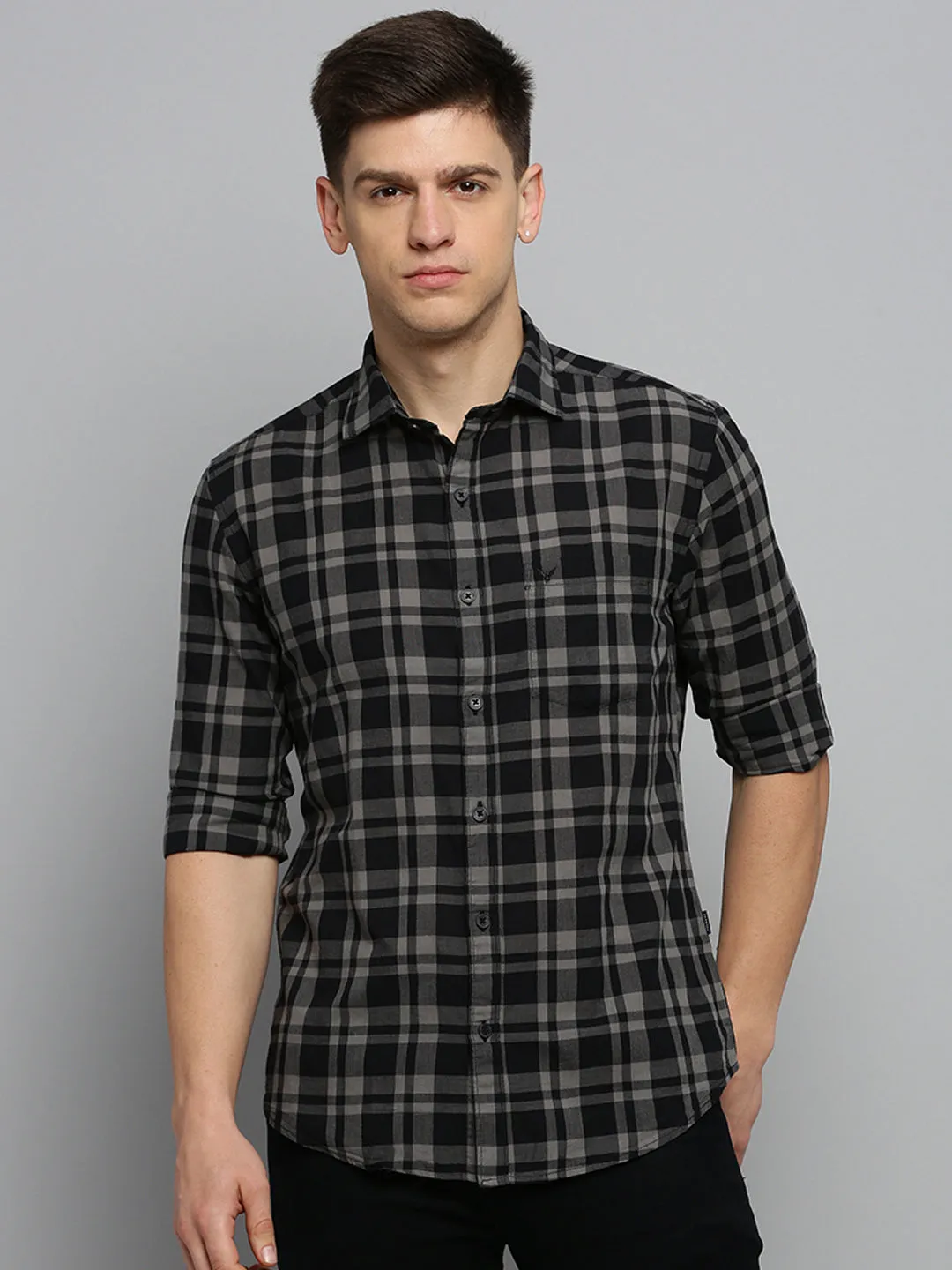 Men Black Tartan Checks Cotton Casual Shirt