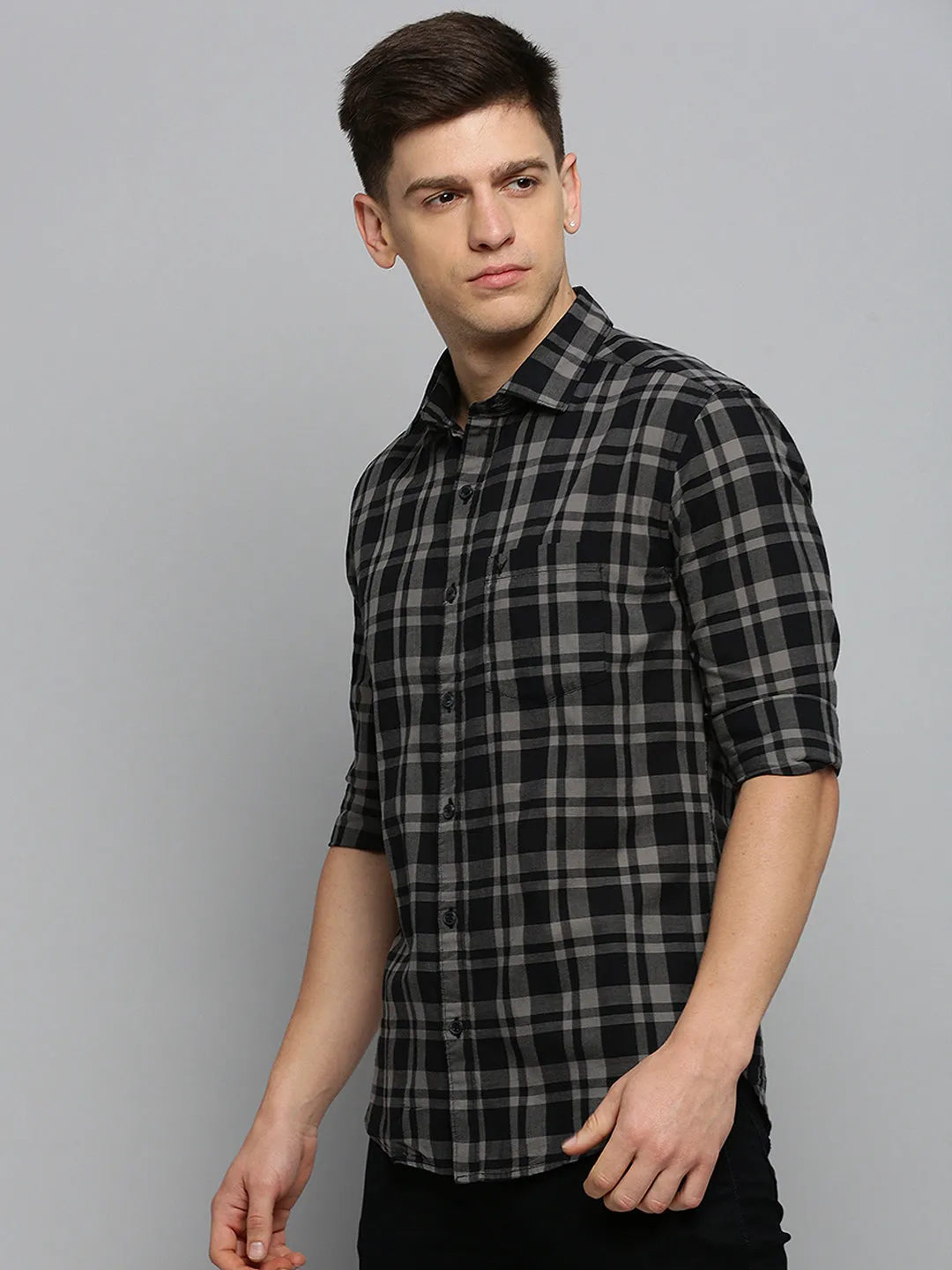 Men Black Tartan Checks Cotton Casual Shirt