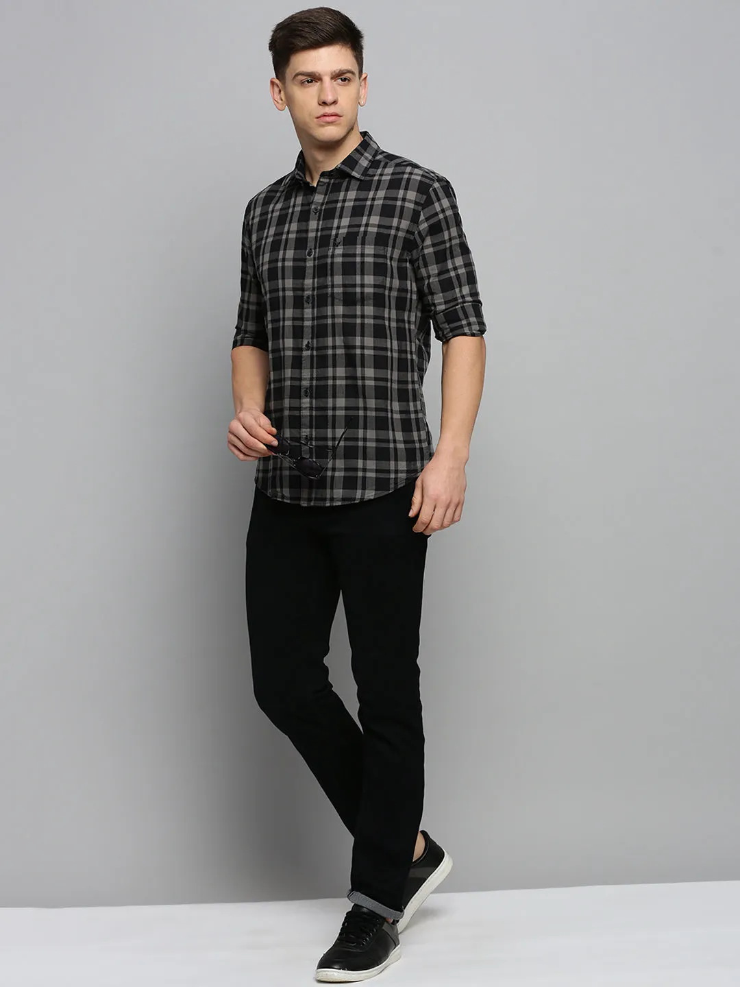 Men Black Tartan Checks Cotton Casual Shirt