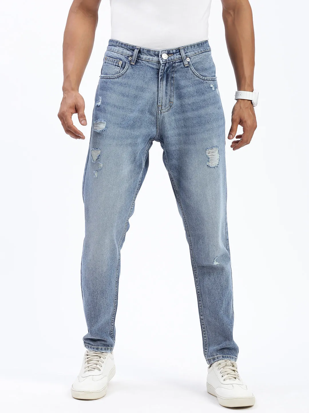 Men Blue Regular Fit Cropped Light Fade Torn Jeans
