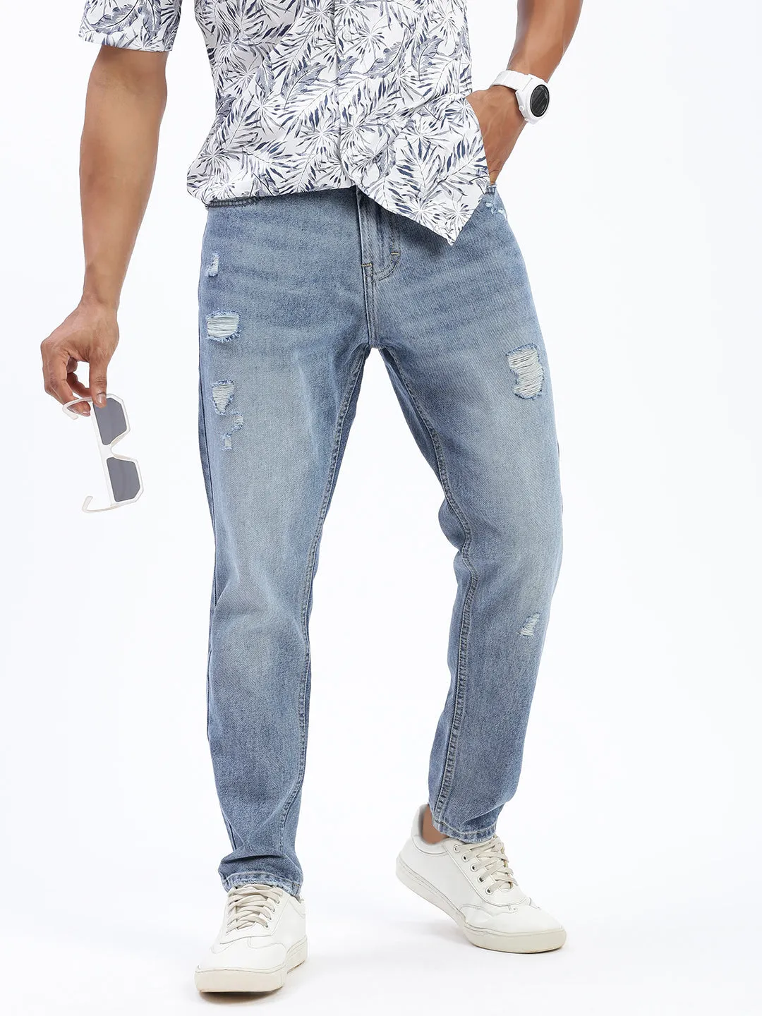 Men Blue Regular Fit Cropped Light Fade Torn Jeans