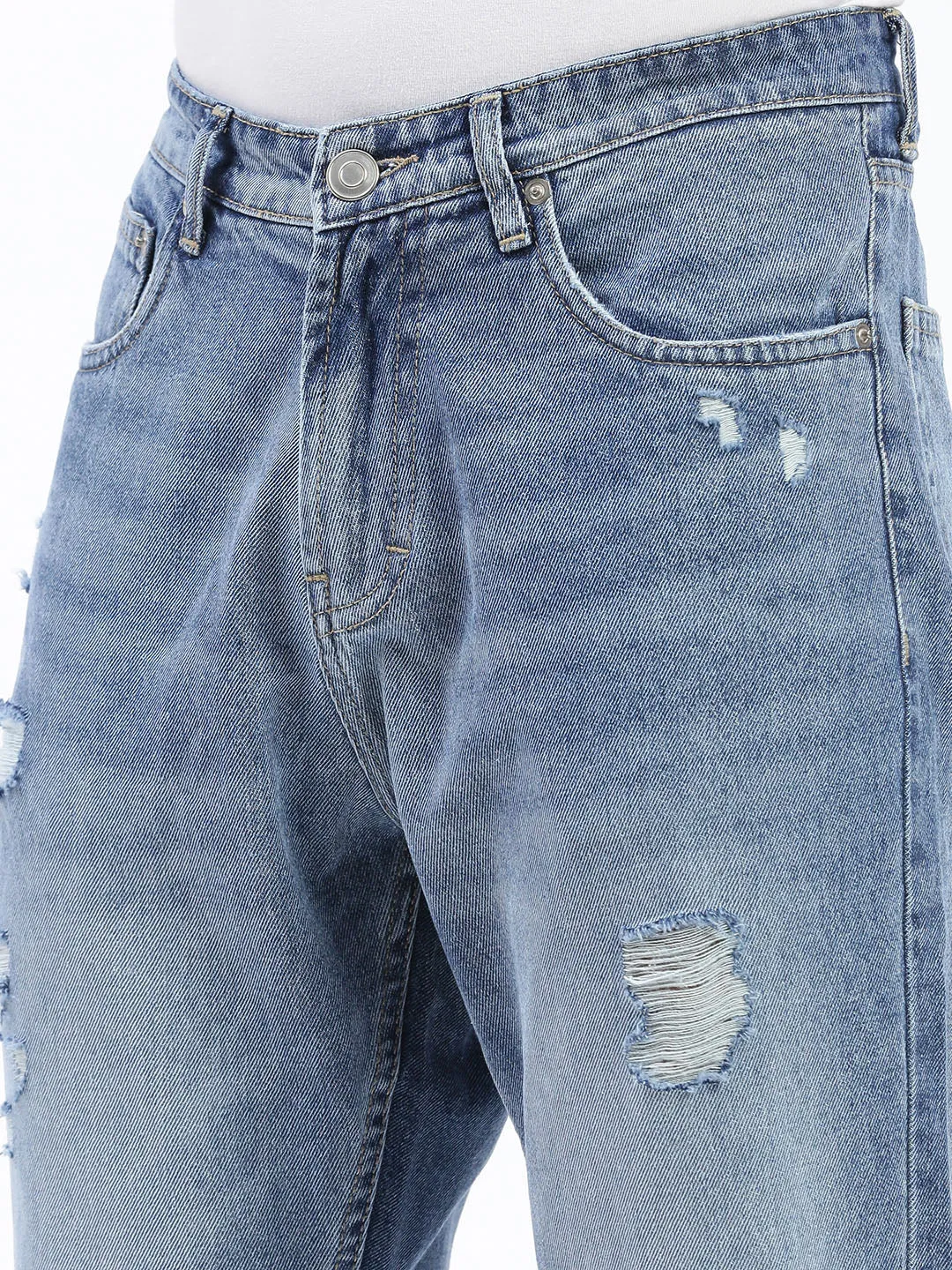 Men Blue Regular Fit Cropped Light Fade Torn Jeans