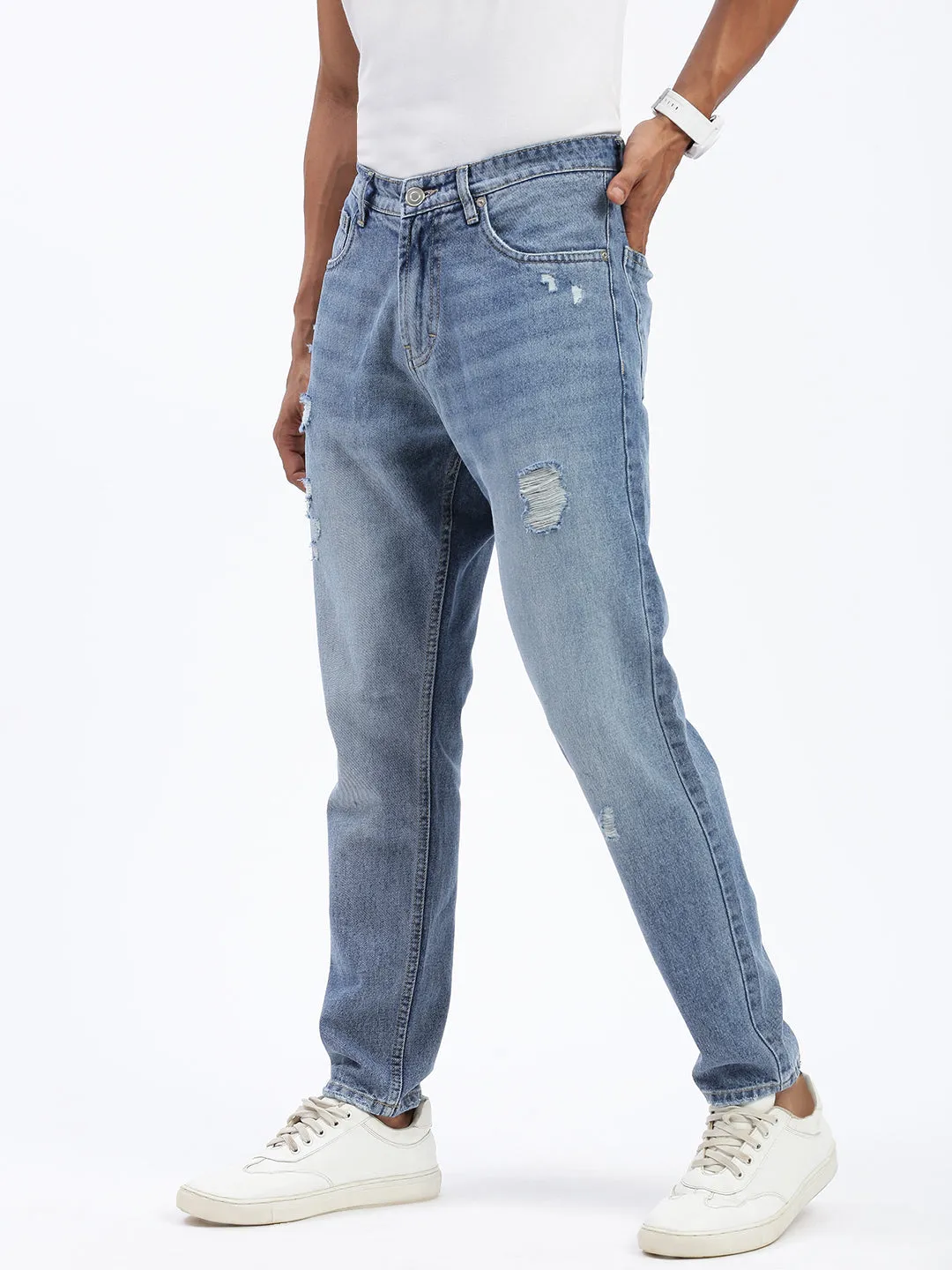 Men Blue Regular Fit Cropped Light Fade Torn Jeans
