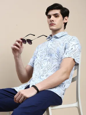 Men Blue Standard Slim Fit Floral Printed Cotton Casual Shirt