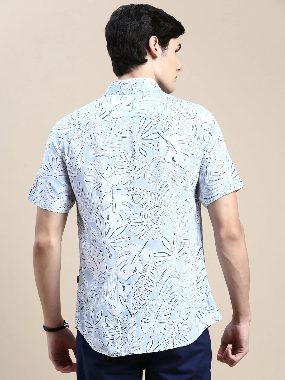 Men Blue Standard Slim Fit Floral Printed Cotton Casual Shirt