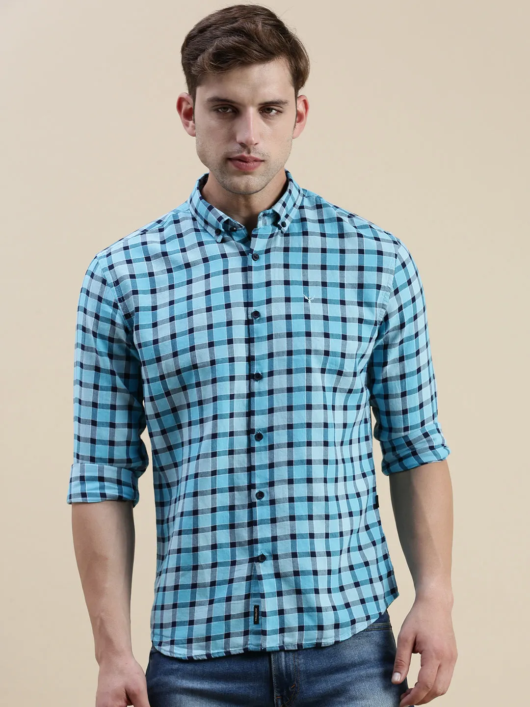 Men Blue Standard Slim Fit Gingham Check Cotton Casual Shirt