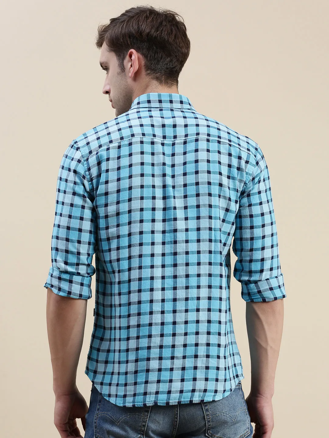 Men Blue Standard Slim Fit Gingham Check Cotton Casual Shirt