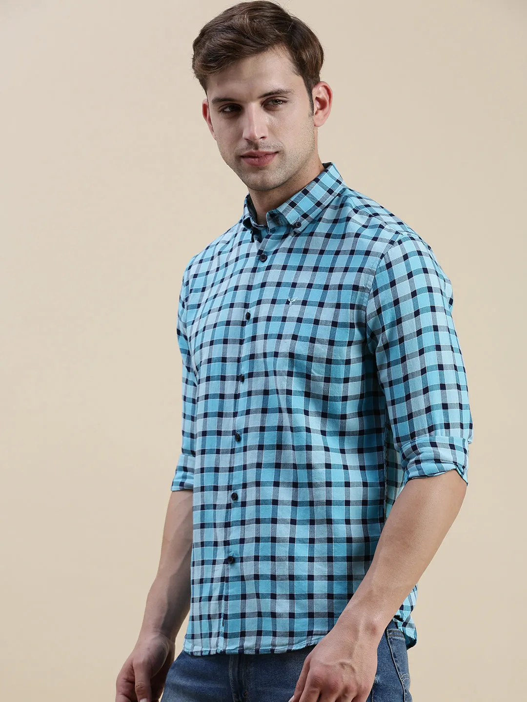 Men Blue Standard Slim Fit Gingham Check Cotton Casual Shirt