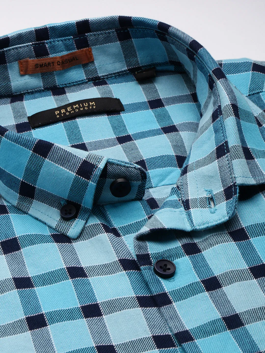 Men Blue Standard Slim Fit Gingham Check Cotton Casual Shirt