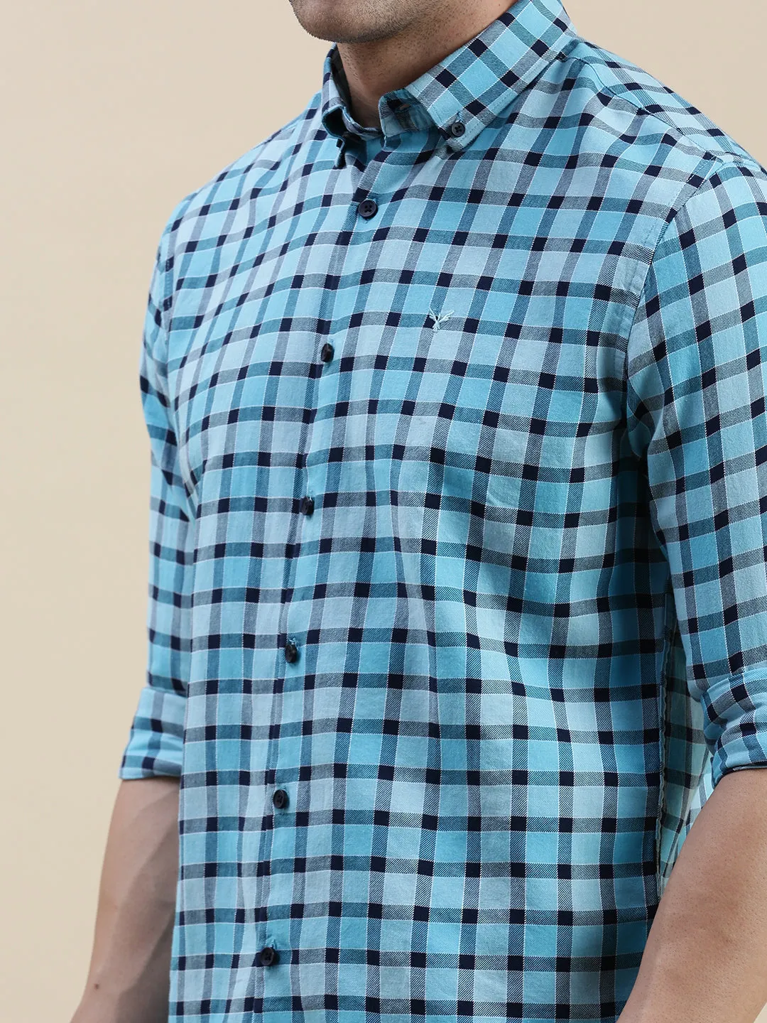 Men Blue Standard Slim Fit Gingham Check Cotton Casual Shirt