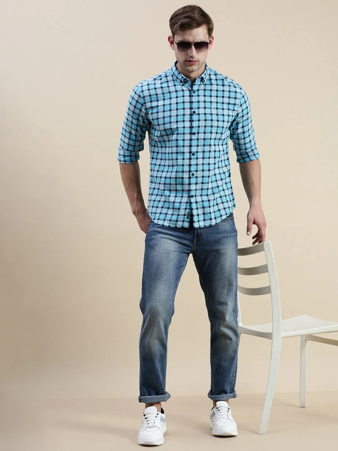 Men Blue Standard Slim Fit Gingham Check Cotton Casual Shirt