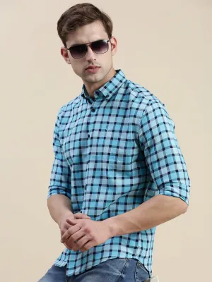 Men Blue Standard Slim Fit Gingham Check Cotton Casual Shirt