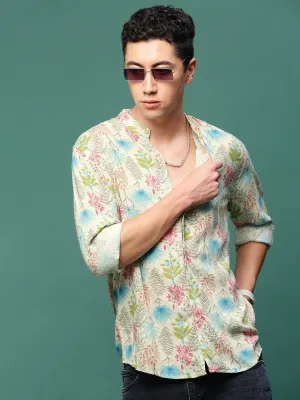 Men Cream Floral Slim Fit Casual Shirt