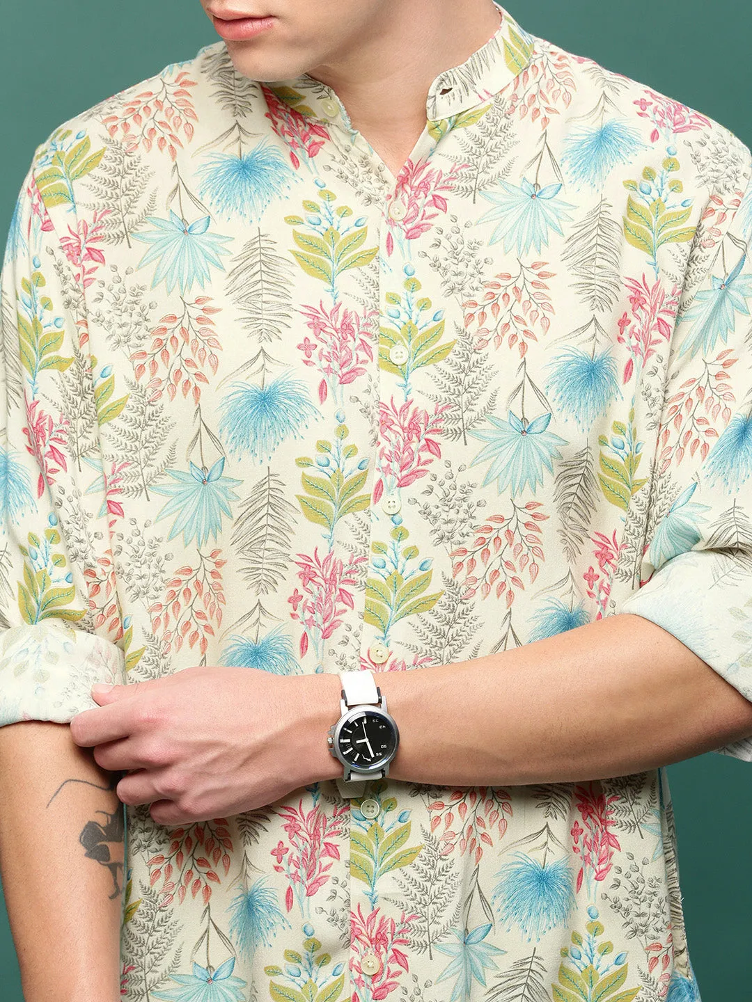 Men Cream Floral Slim Fit Casual Shirt