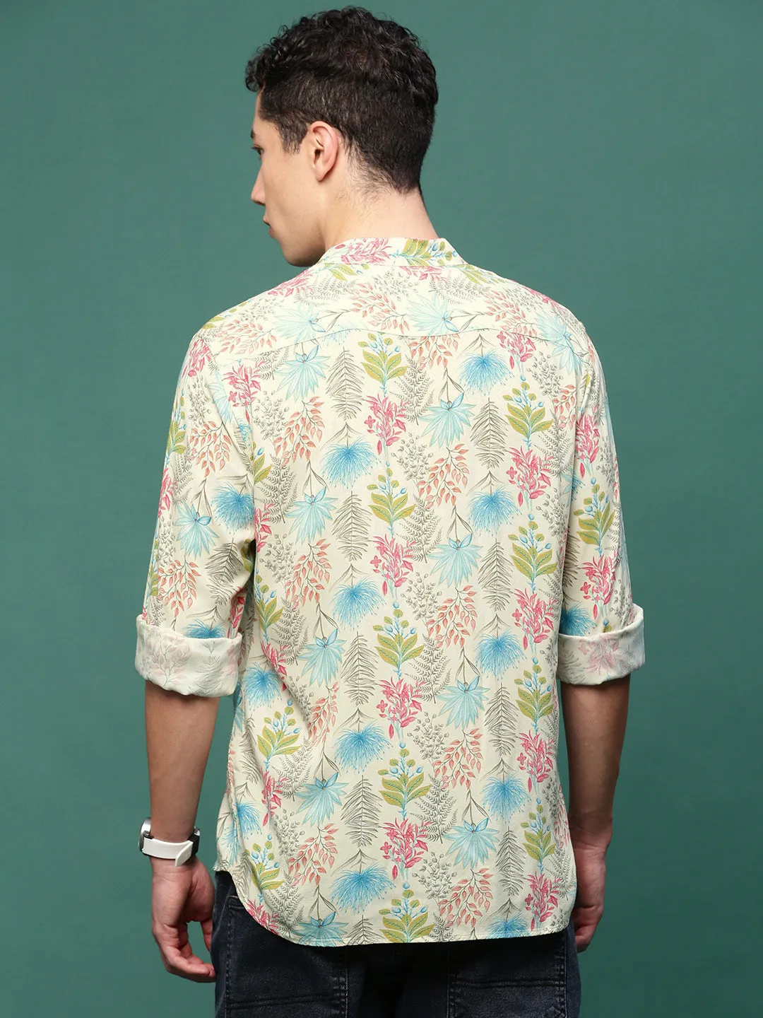 Men Cream Floral Slim Fit Casual Shirt