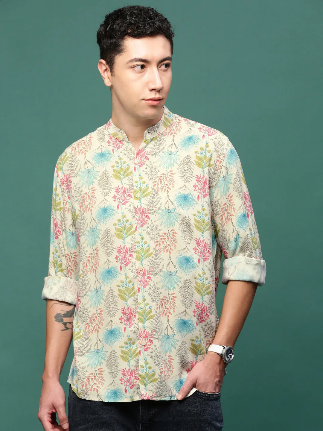 Men Cream Floral Slim Fit Casual Shirt
