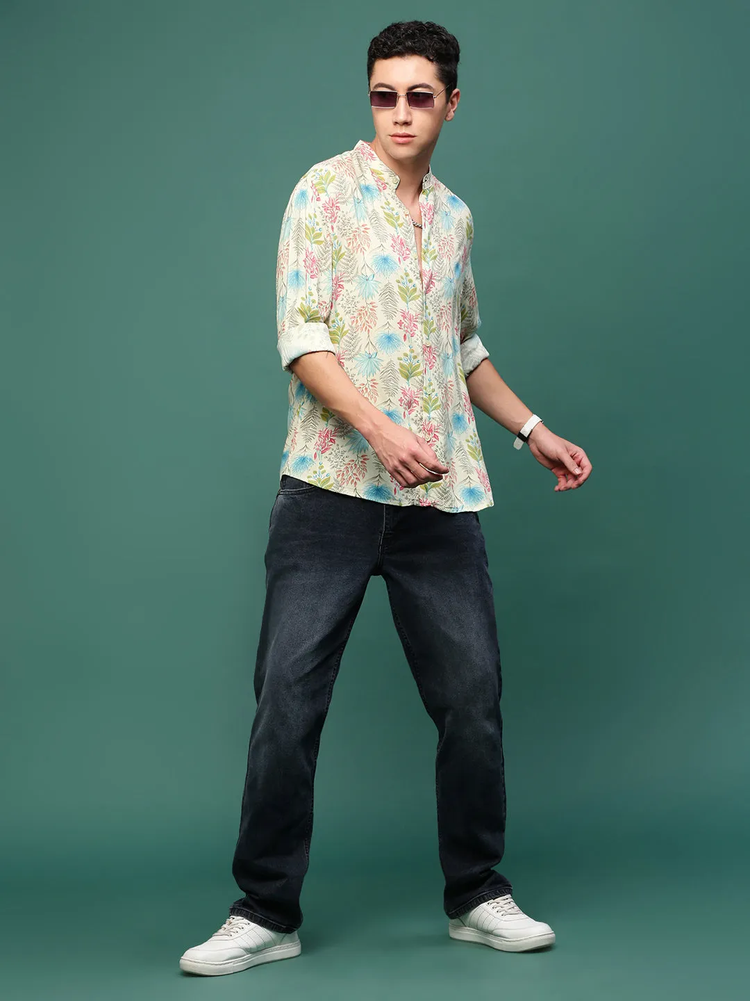 Men Cream Floral Slim Fit Casual Shirt