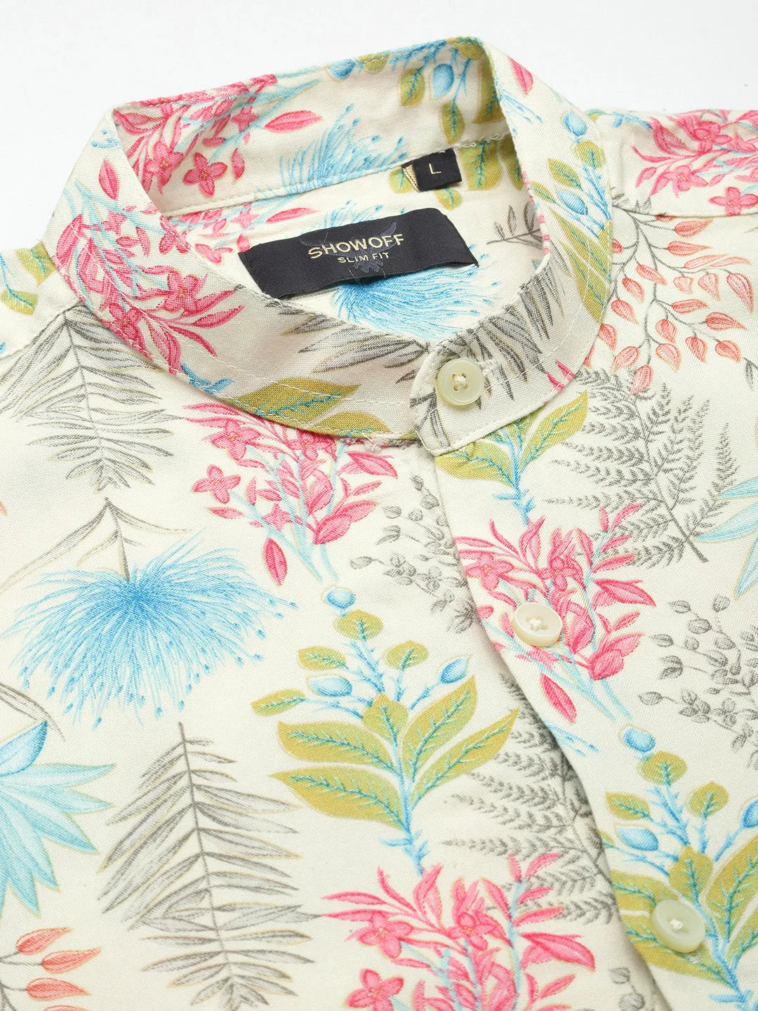 Men Cream Floral Slim Fit Casual Shirt