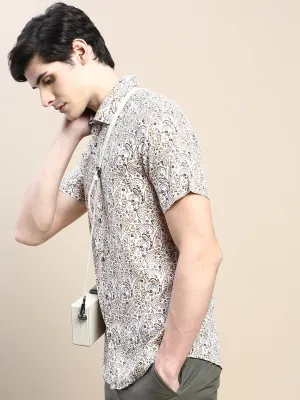 Men Cream Standard Paisley Printed Cotton Casual Shirt