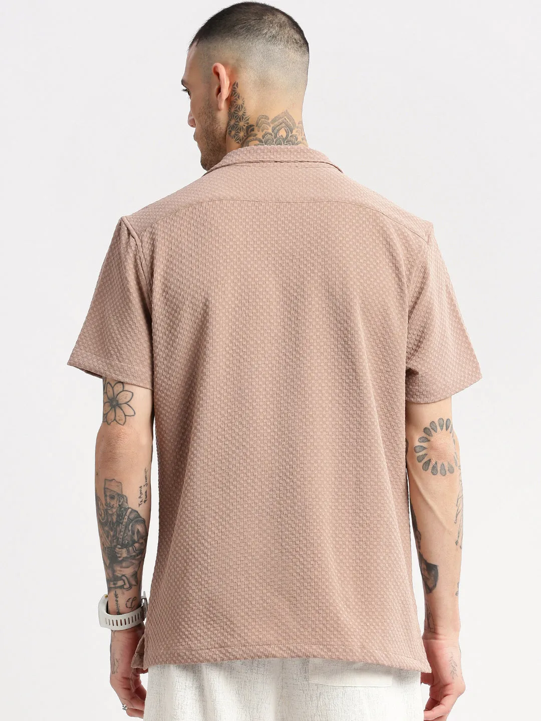 Men Cuban Collar Solid Beige Casual Shirt