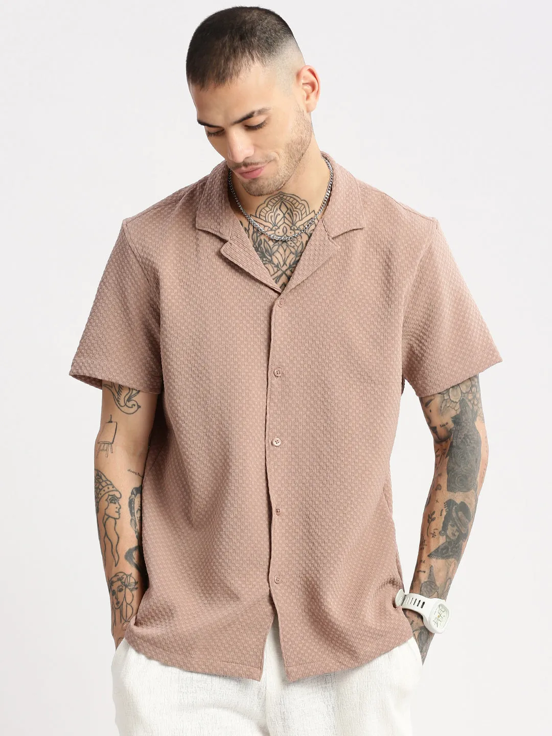 Men Cuban Collar Solid Beige Casual Shirt