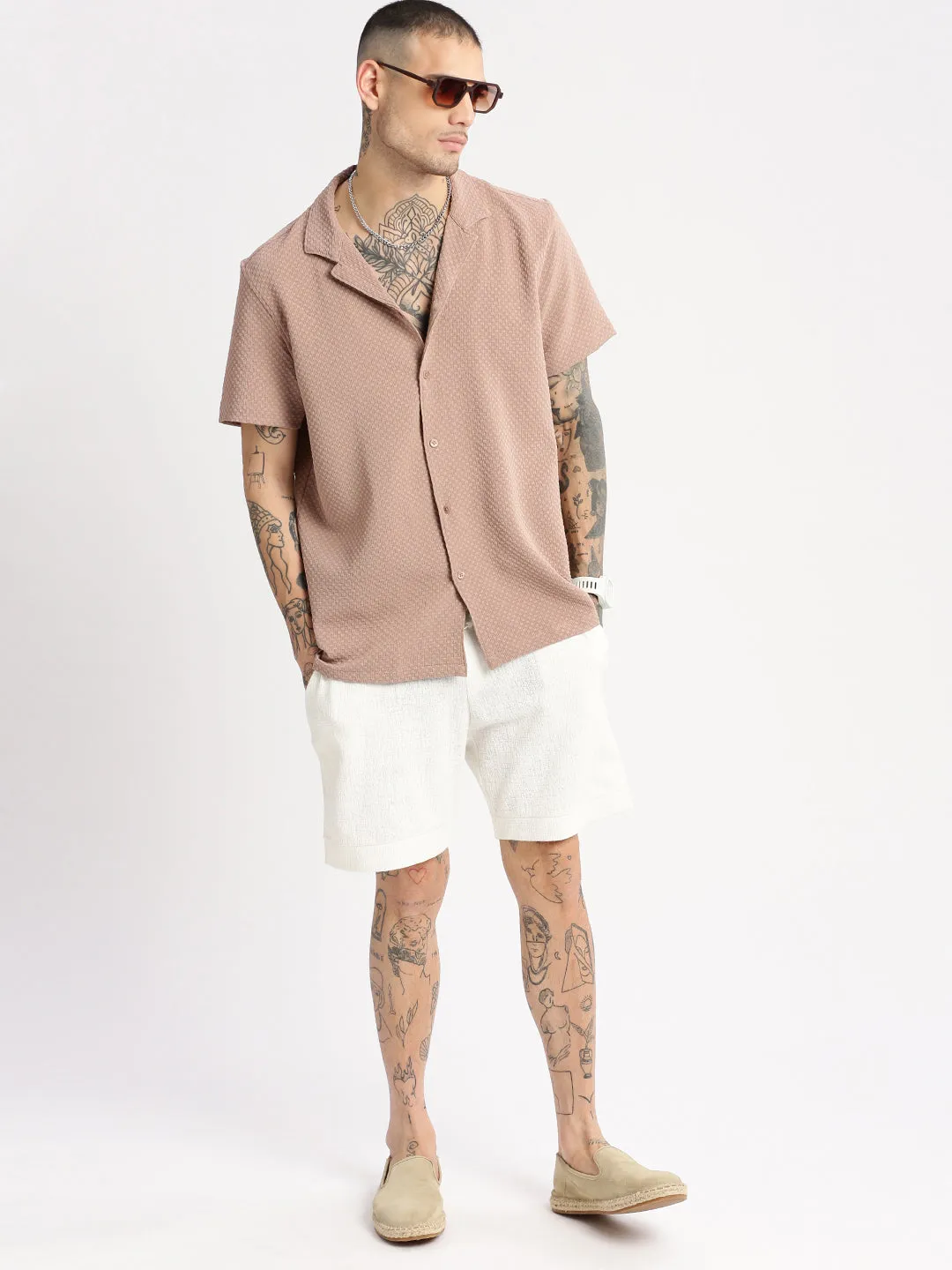 Men Cuban Collar Solid Beige Casual Shirt