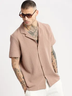 Men Cuban Collar Solid Beige Casual Shirt