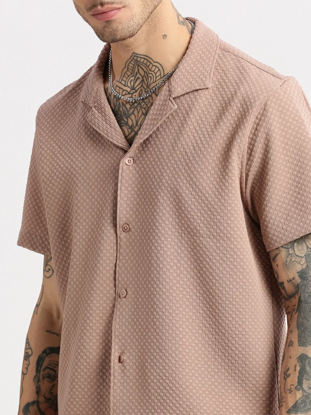 Men Cuban Collar Solid Beige Casual Shirt