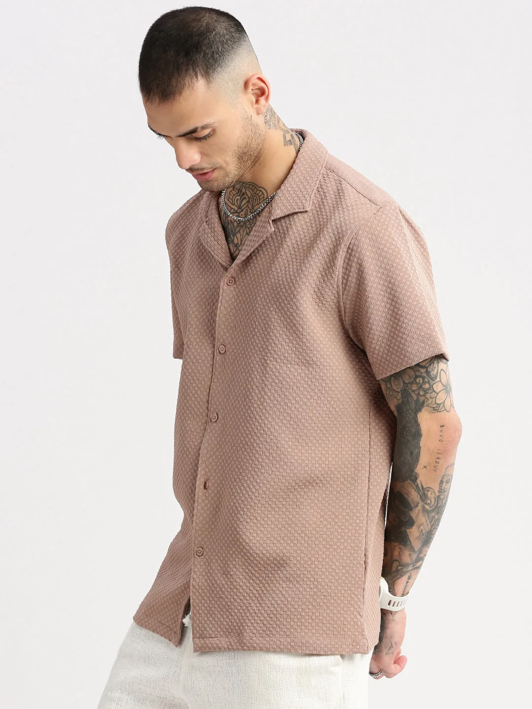 Men Cuban Collar Solid Beige Casual Shirt
