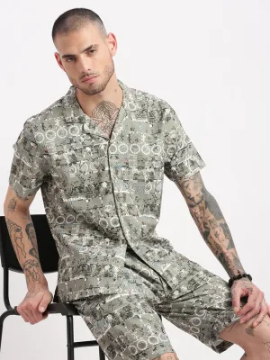 Men Geometric Prints Cuban Collar Green Co Ords Set