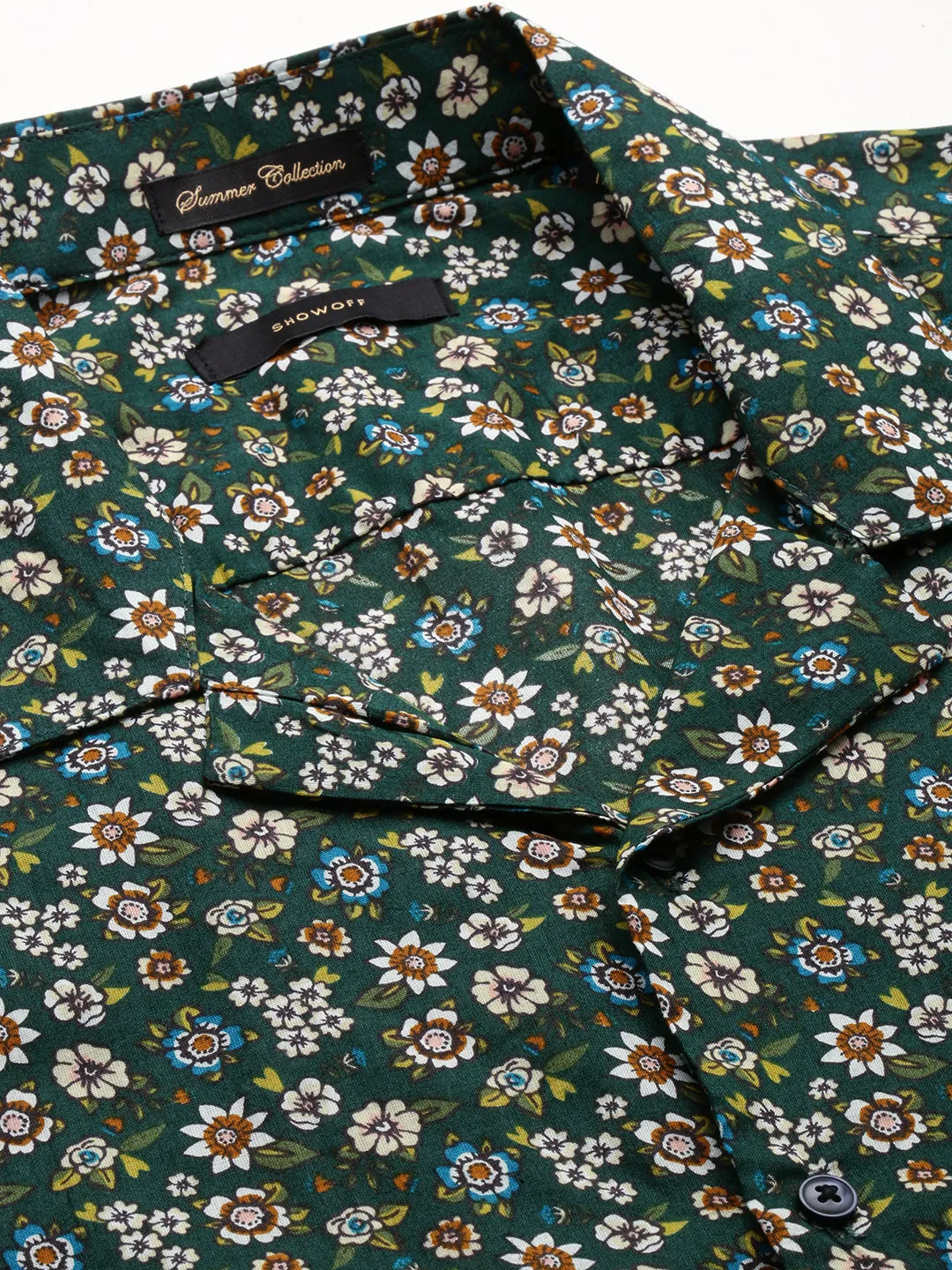 Men Green Comfort Floral Printed Cuban Collar Casual Shirt