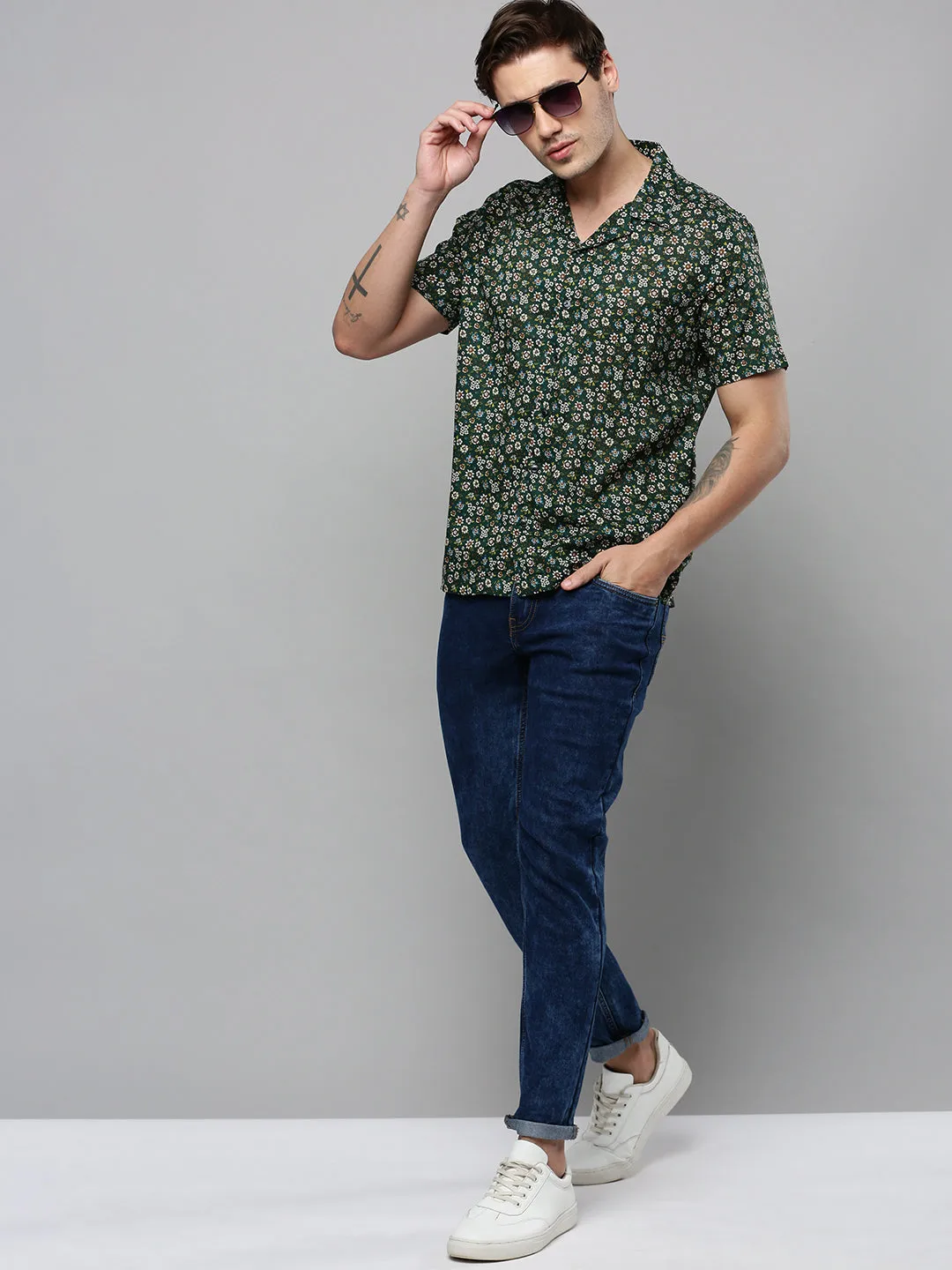 Men Green Comfort Floral Printed Cuban Collar Casual Shirt