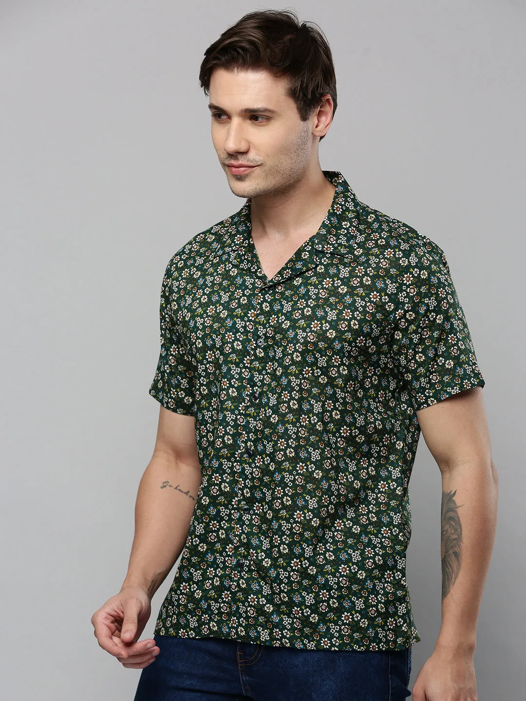 Men Green Comfort Floral Printed Cuban Collar Casual Shirt