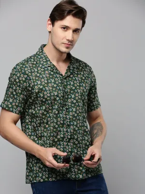 Men Green Comfort Floral Printed Cuban Collar Casual Shirt