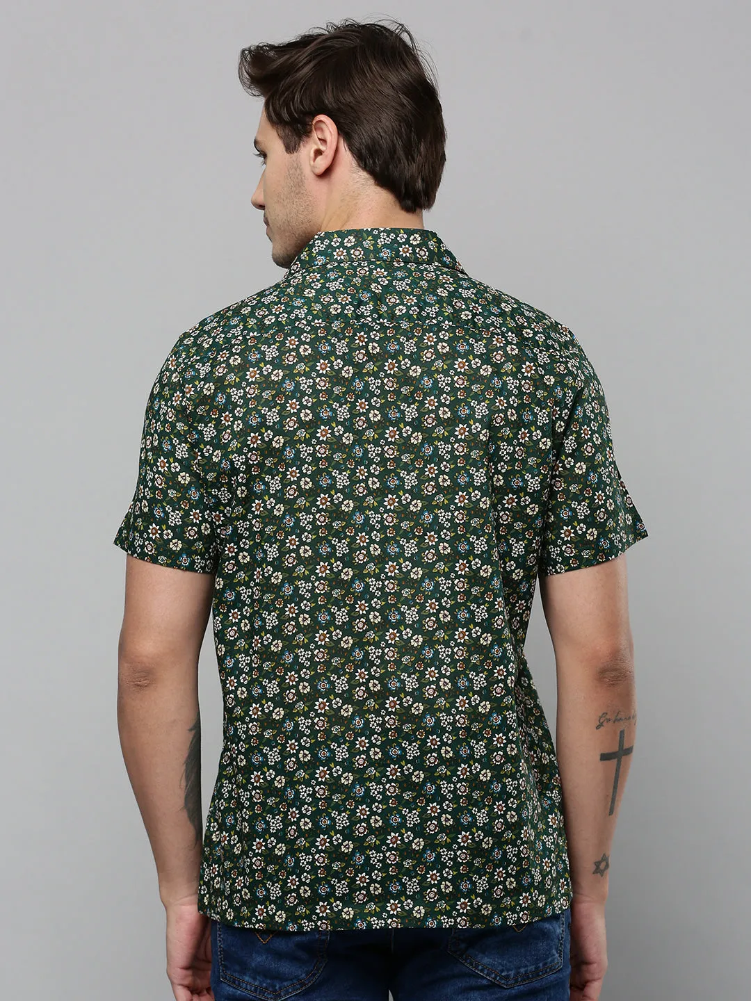 Men Green Comfort Floral Printed Cuban Collar Casual Shirt